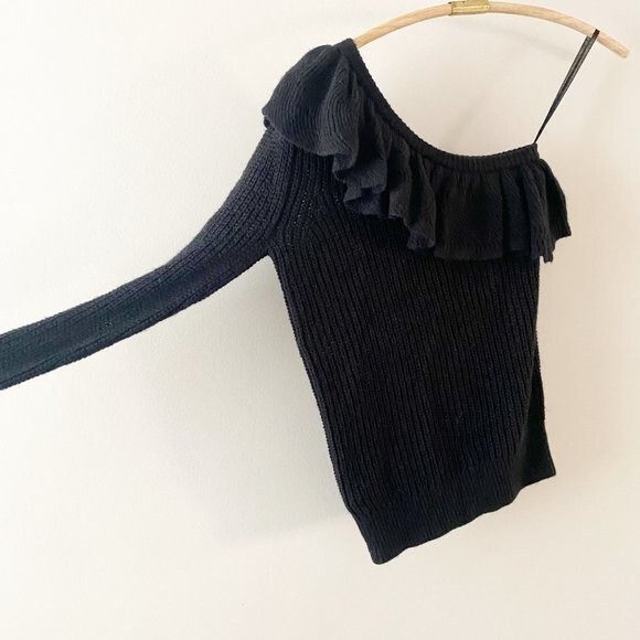 Rebecca Taylor Black Knit One Shoulder Ruffle Long Sleeve Alpaca Sweater XS - Picture 3 of 11